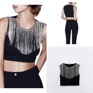 NWT ZARA Fringed Seamless Rhinestone Jewel Crop Top XSmall-Small Black Festival